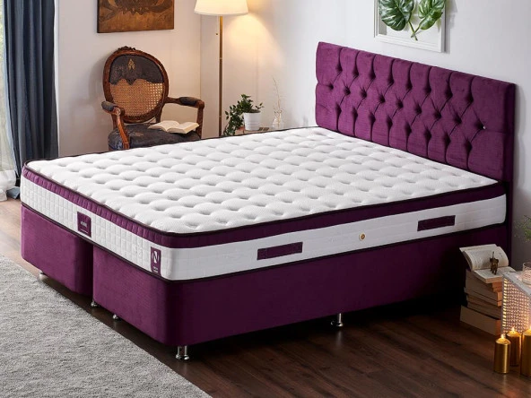 Niron Violet Yatak Seti 200x200 cm Çift Kişilik Yatak Baza Başlık Takımı - Orta Sert Yatak Mor Baza ve Başlığı
