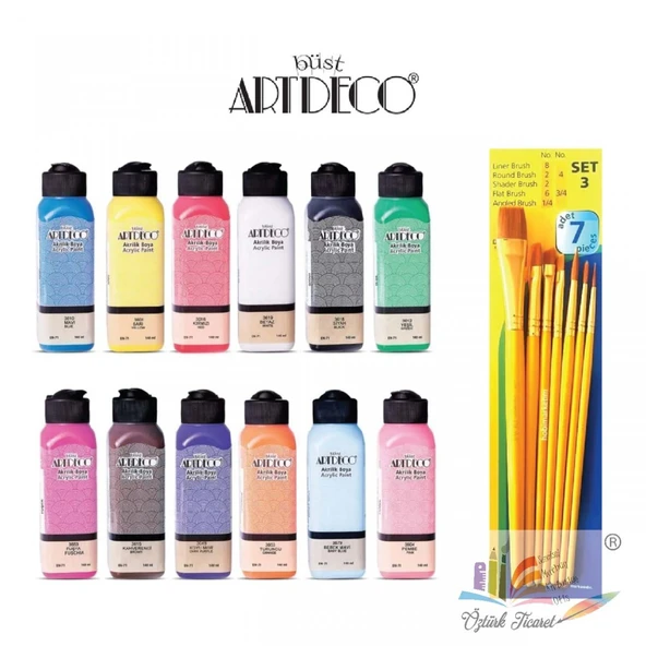 Artdeco 140ml Akrlik Boya 12'li Karışık Renkler Set +Fanart Set 3 Fırça Seti
