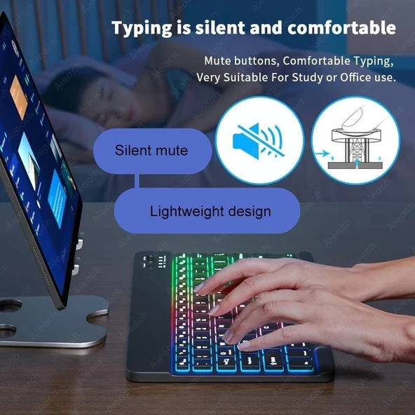 Huawei Matepad T10S 10.1" Uyumlu Kablosuz Bluetooth Şarjlı Rgp 7 Renk Işıklı Klavye - 6