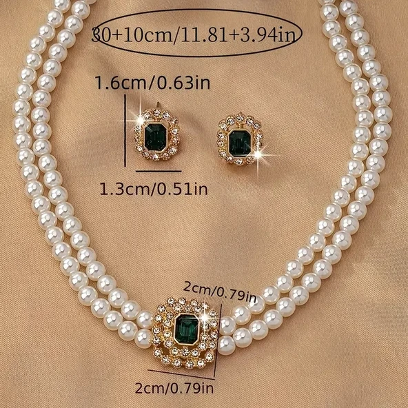 Gold Kaplama Vintage İnci Kolye Küpe Seti - Zümrüt Yeşili Taşlı Antialerjik 316L Çelik Takı - 2