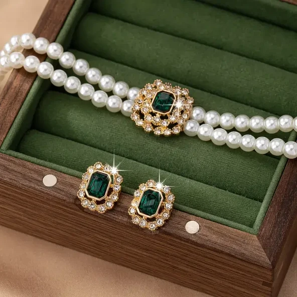 Gold Kaplama Vintage İnci Kolye Küpe Seti - Zümrüt Yeşili Taşlı Antialerjik 316L Çelik Takı - 3