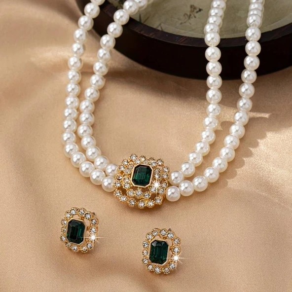 Gold Kaplama Vintage İnci Kolye Küpe Seti - Zümrüt Yeşili Taşlı Antialerjik 316L Çelik Takı