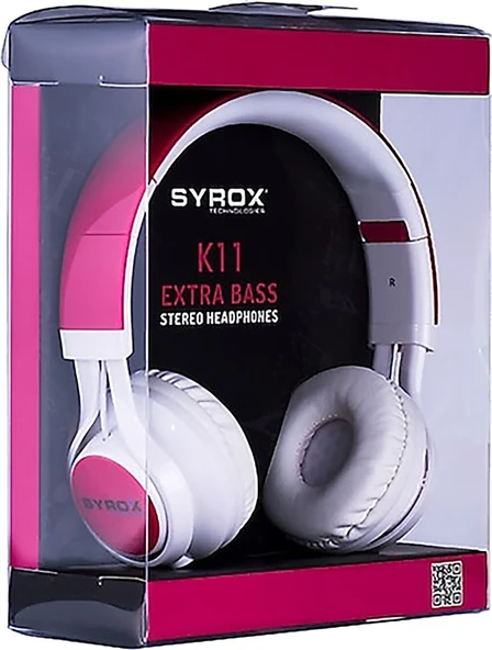 Syrox K11 Extra Bass 1.50mt 3.5mm AUX Kablolu Mikrofonlu Kulak Üstü Kulaklık - Kırmızı-Beyaz