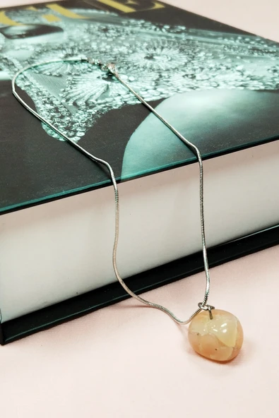 Kalsit Doğal Taşı Zincirli El Yapımı Kolye Uç: 1,5 cm Zincir: 20 cm Kutulu - Resim 5