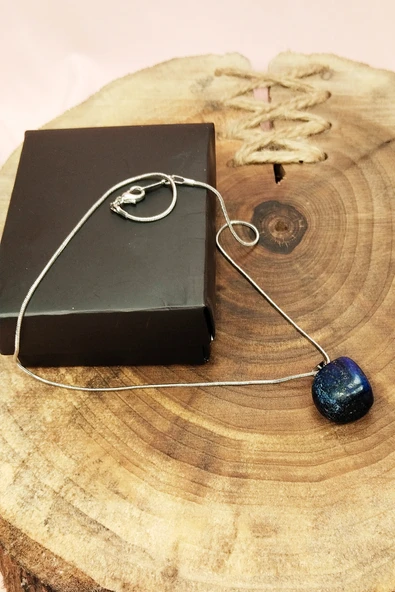 Lapis Lazuri Doğal Taşı Zincirli El Yapımı Kolye Uç: 2 cm Zincir: 20 cm Kutulu - 4