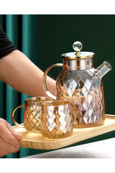 Kabartmalı Bambu Kapaklı Borosilikat Cam Demlik 1500ml CM-2005 ürün görseli 1