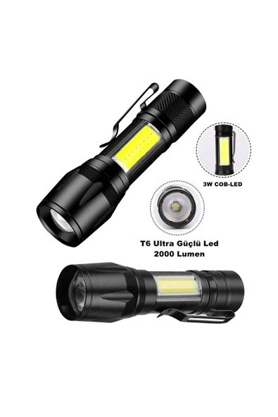 Çift Yönlü Güçlü Şarjlı Led El Feneri 2000 Lumen 6w Cob Led Su Geçirmez Zoomlu