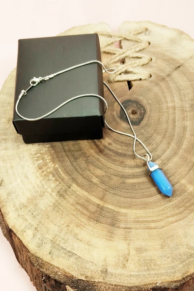 Kyanit Doğal Taşı Zincirli El Yapımı Tasarımlı Kolye Uç: 3,5 cm Zincir: 20 cm Kutulu - Resim 4