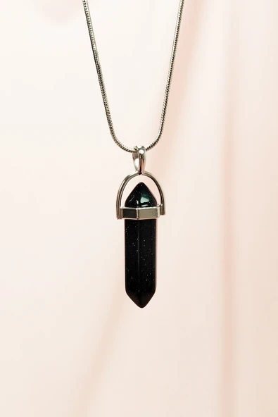 Siyah Yıldız Taşı Doğal Taşı Zincirli El Yapımı Tasarımlı Kolye Uç: 3,5 cm Zincir: 20 cm Kutulu ürün görseli 1