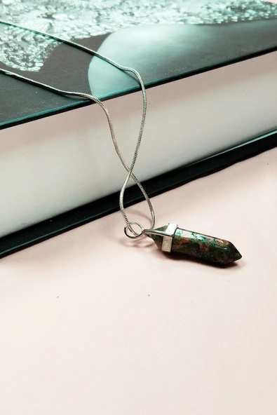 Unakit Doğal Taşı Zincirli El Yapımı Tasarımlı Kolye Uç: 3,5 cm Zincir: 20 cm Kutulu - 4