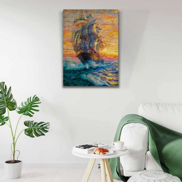 Turuncu ve Mavi Tonlarda Yelkenli Kadırga Kanvas Tablo 50 x 70 - Resim 2