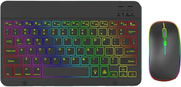 Sprange L7 Tablet 7" Uyumlu Kablosuz Bluetooth Şarjlı Rgp 7 Renk Işıklı Klavye Mouse Seti