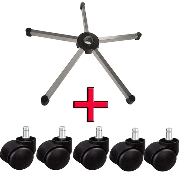 Türksit Ofis Koltuğu Yedek Parça Çekme Metalik Gri Boyalı Ayak 70'Lik+5'Li Tekerlek Seti