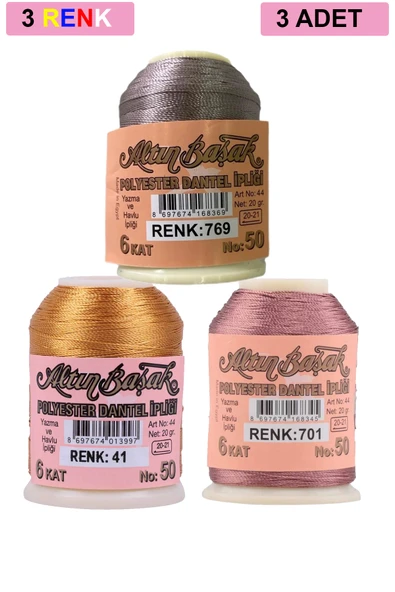 3 Adet Altınbaşak Oya ve Dantel İpi 20 gr - No: 041 - 701 - 769