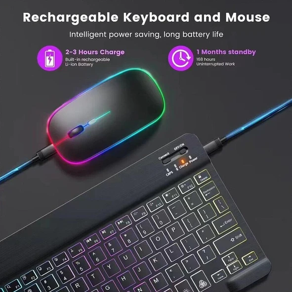 Huawei MatePad 11.5"S PaperMatte Edition Uyumlu Kablosuz Bluetooth Şarjlı Rgp 7 Renk Işıklı Klavye Mouse Seti - 4