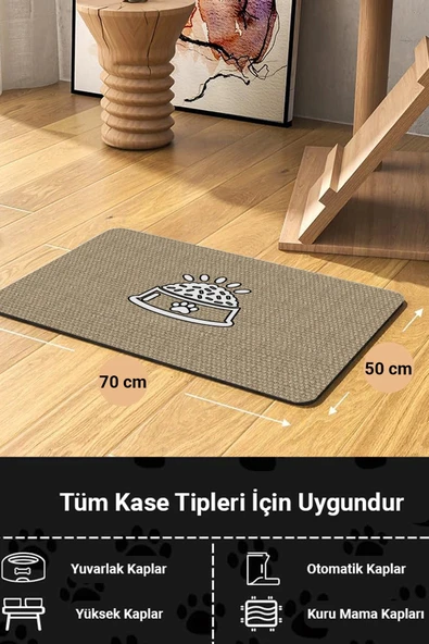 MAtGo Pati Süper Mood Deri Mama Kabı Desenli Krem Beslenme Matı Kedi Köpek Mama Paspası 50x70cm - 2