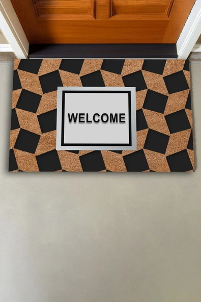 Valerine Life Ekose Desenli Kahverengi Siyah Welcome Hoş Geldiniz Kapı Önü Paspası 45x70cm - 3