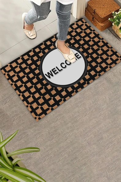 Valerine Life Artı Desenli Kahverengi Siyah Welcome Hoş Geldiniz Kapı Önü Paspası 45x70cm ürün görseli