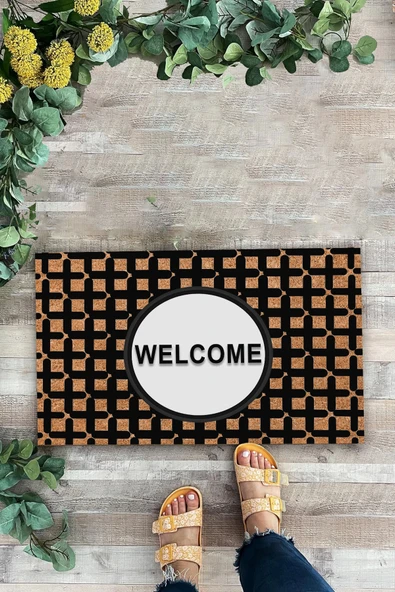 Valerine Life Artı Desenli Kahverengi Siyah Welcome Hoş Geldiniz Kapı Önü Paspası 45x70cm - Resim 2