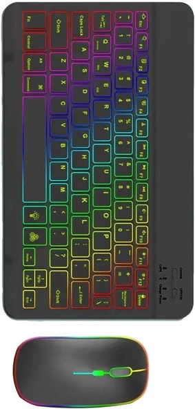 Lenovo Tab M10 Plus TB128FU 10.61" Uyumlu Kablosuz Bluetooth Şarjlı Rgp 7 Renk Işıklı Klavye Mouse Seti - Resim 2