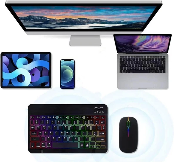 Lenovo Tab M10 Plus TB128FU 10.61" Uyumlu Kablosuz Bluetooth Şarjlı Rgp 7 Renk Işıklı Klavye Mouse Seti - Resim 3