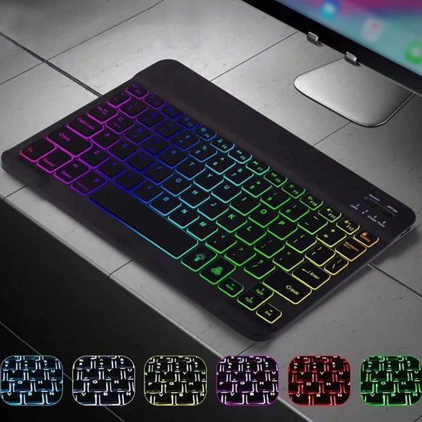 Lenovo Tab M10 Plus TB128FU 10.61" Uyumlu Kablosuz Bluetooth Şarjlı Rgp 7 Renk Işıklı Klavye Mouse Seti - Resim 6