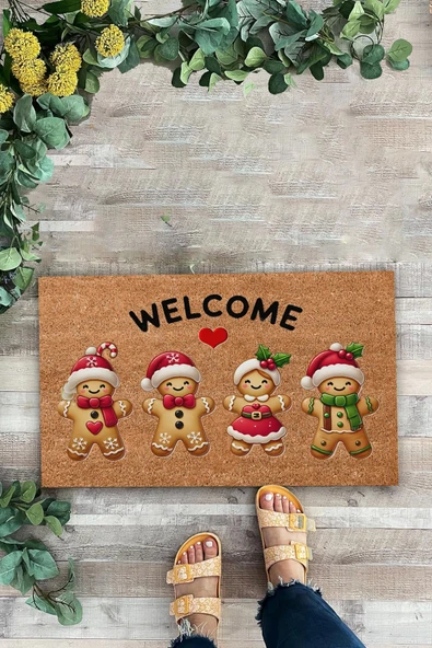 Valerine Life Noel Yılbaşı Kurabiyeleri Kırmızı Kahverengi Welcome Hoş Geldiniz Kapı Önü Paspası 45x70cm