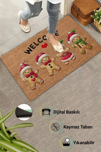 Valerine Life Noel Yılbaşı Kurabiyeleri Kırmızı Kahverengi Welcome Hoş Geldiniz Kapı Önü Paspası 45x70cm - Resim 3