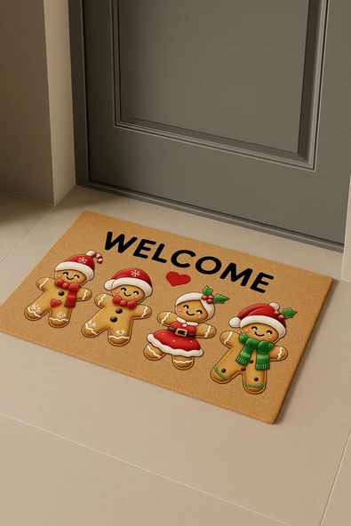 Valerine Life Noel Yılbaşı Kurabiyeleri Kırmızı Kahverengi Welcome Hoş Geldiniz Kapı Önü Paspası 45x70cm ürün görseli