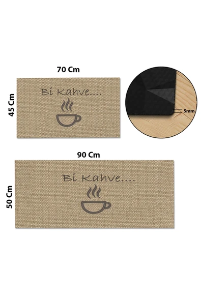Valerine Life Bi Kahve Fincanlı Krem Rengi Mutfak Matı Halısı Yıkanır Kaymaz Taban Tezgah Önü Paspası İkili Set - 3