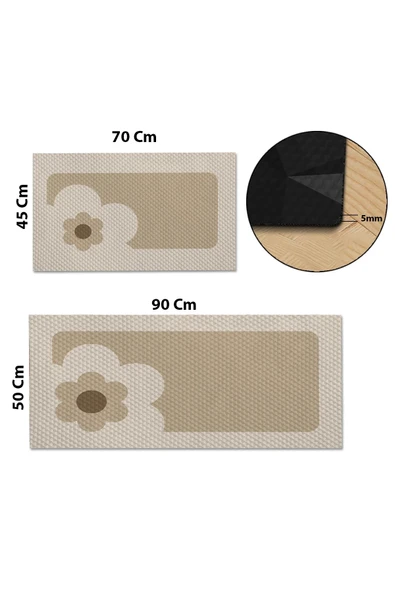 Valerine Life Papatyalı Krem Rengi Mutfak Matı Halısı Yıkanır Kaymaz Taban Tezgah Önü Paspası İkili Set - 3