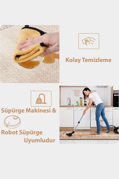 Valerine Life Papatyalı Krem Rengi Mutfak Matı Halısı Yıkanır Kaymaz Taban Tezgah Önü Paspası İkili Set - 5