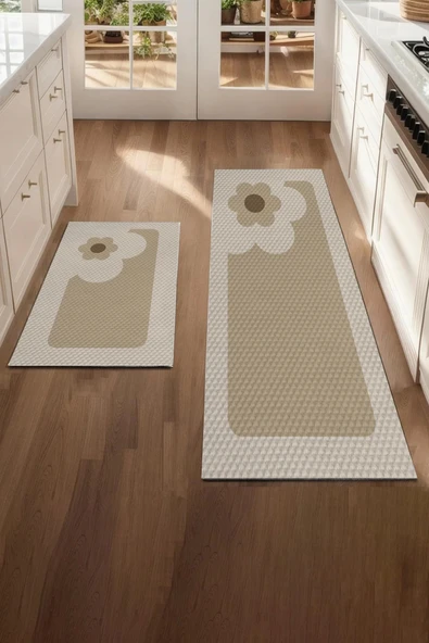 Valerine Life Papatyalı Krem Rengi Mutfak Matı Halısı Yıkanır Kaymaz Taban Tezgah Önü Paspası İkili Set - 2