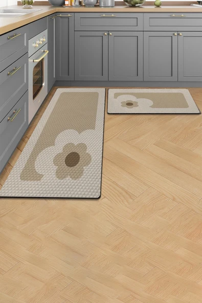 Valerine Life Papatyalı Krem Rengi Mutfak Matı Halısı Yıkanır Kaymaz Taban Tezgah Önü Paspası İkili Set