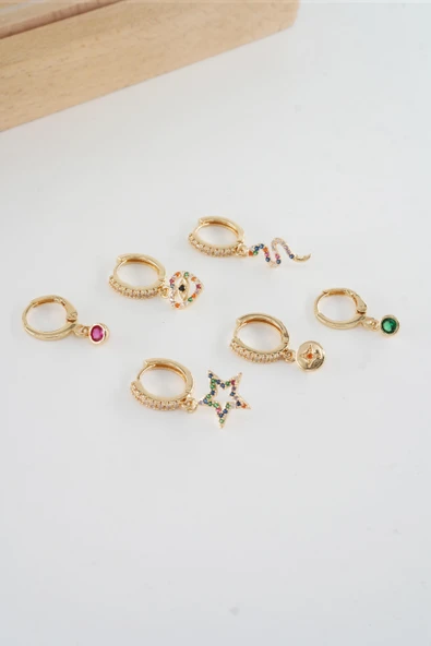 Kadın Vip Seri  Antialerjik Baget Zirkon Taşlı 6'lı Küpe - Resim 2