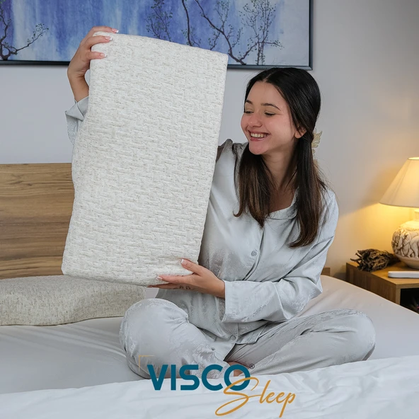 Ortopedik Visco Yastık Boyun Formu İçin Özel Tasarım Hermosa Keten Kılıflı Ergonomik 60x35x11-7 Cm - 4