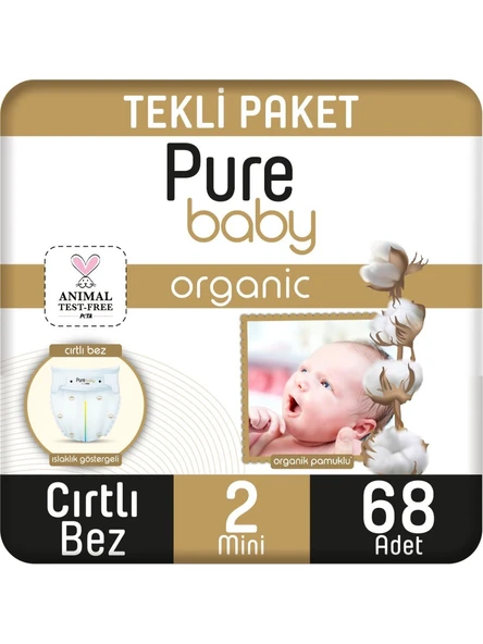 Pure Baby Organic Bebek Bezi 2 Numara Mini 3-6 Kg 68 Adet
