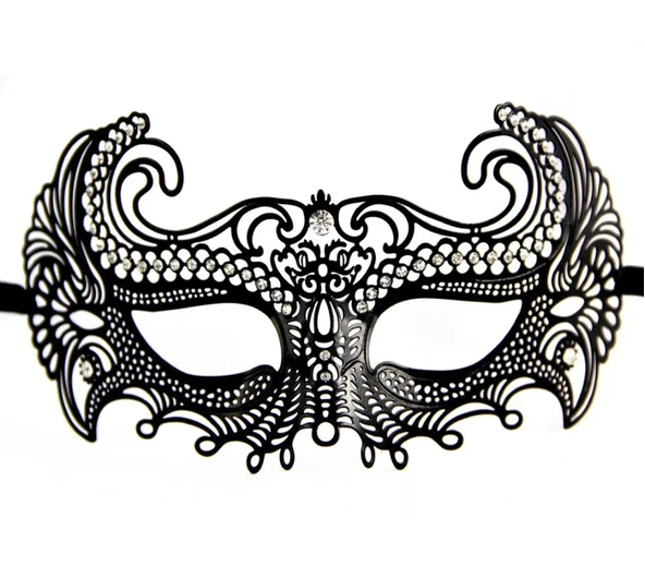 Siyah Renk Lazer Kesim Üzeri Kristal Taşlı Metal Balo Parti Venedik Maskesi ürün görseli