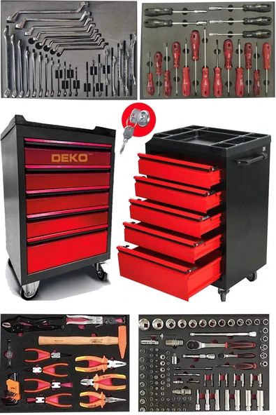Deko TREND SERİ 5 Çekmeceli İçi Dolu 185 PARÇA Full Set Alet Dolabı Atölye Usta Seti Takım Arabası - 2