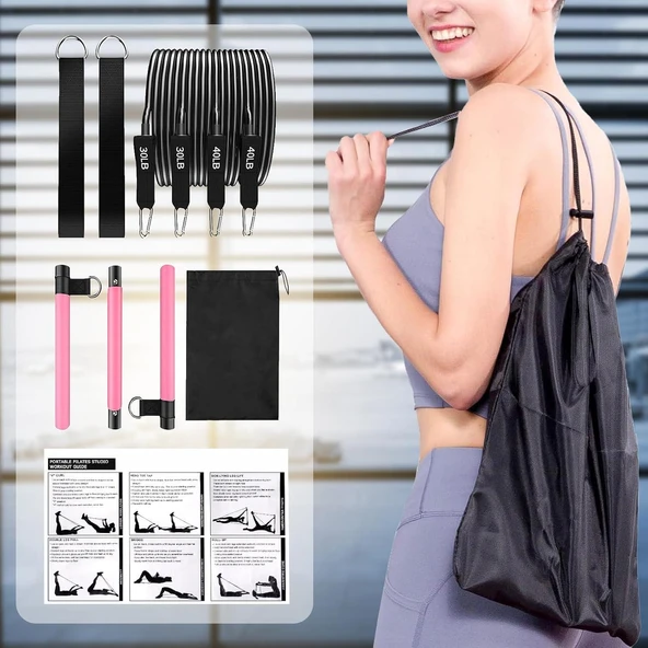 Valkyrie 4 Lastikli 1. Kalite Pilates Bar Egzersiz Çubuğu Ayarlanabilir Zorluk Evde Spor Squat Kademeli Çantalı Kolay Kurulum - 6