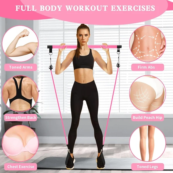 Valkyrie 4 Lastikli 1. Kalite Pilates Bar Egzersiz Çubuğu Ayarlanabilir Zorluk Evde Spor Squat Kademeli Çantalı Kolay Kurulum - 7