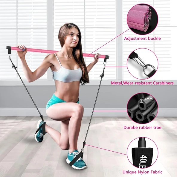 Valkyrie 4 Lastikli 1. Kalite Pilates Bar Egzersiz Çubuğu Ayarlanabilir Zorluk Evde Spor Squat Kademeli Çantalı Kolay Kurulum - 2