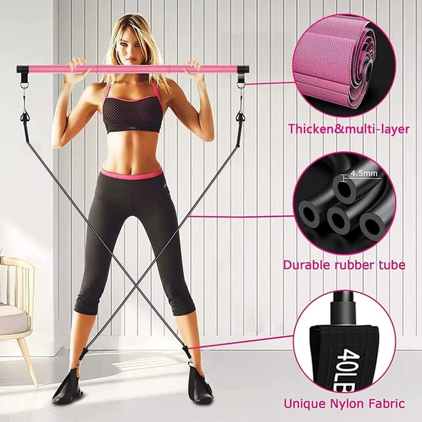 Valkyrie 4 Lastikli 1. Kalite Pilates Bar Egzersiz Çubuğu Ayarlanabilir Zorluk Evde Spor Squat Kademeli Çantalı Kolay Kurulum - 8