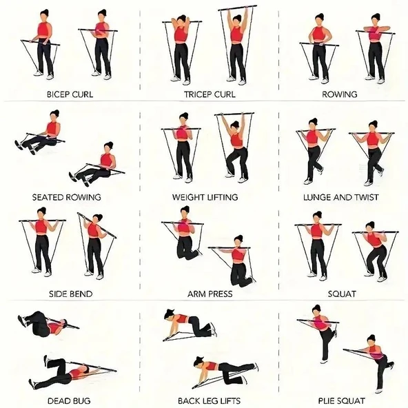 Valkyrie 4 Lastikli 1. Kalite Pilates Bar Egzersiz Çubuğu Ayarlanabilir Zorluk Evde Spor Squat Kademeli Çantalı Kolay Kurulum - 5