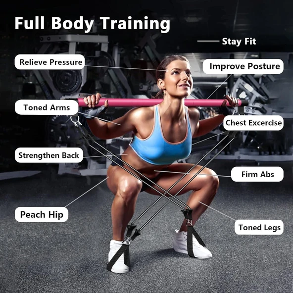 Valkyrie 4 Lastikli 1. Kalite Pilates Bar Egzersiz Çubuğu Ayarlanabilir Zorluk Evde Spor Squat Kademeli Çantalı Kolay Kurulum - 4