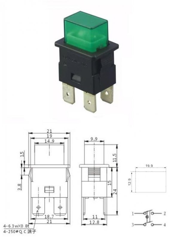 Anahtar Dikdörtgen Yeşil Ps23-16 Işıklı 4 Pin 16a 250v ( Kalıcı Tip )