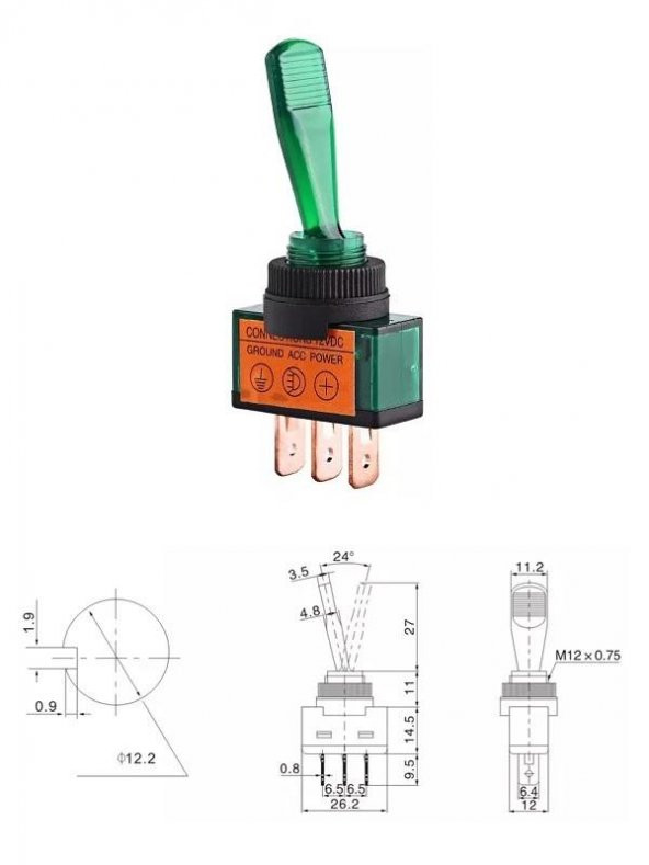 Anahtar Panel Tip Yeşil Asw-13d Işıklı 3 Pin 12V 20A ( Kalıcı Tip )