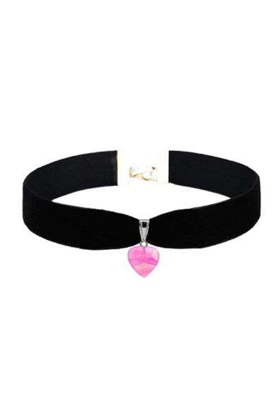 Pembe Damarlı Akik Doğal Taş Kadın Siyah Kadife Choker Kolye - 3