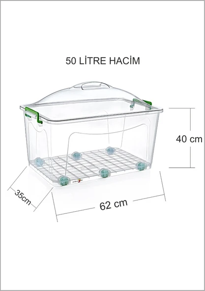 Büyük Dev 6 Tekerlekli 50 Lt. Kapaklı Sızdırmaz Şeffaf Plastik Kiler Fanus Saklama Kabı Kutusu Dolap - 2