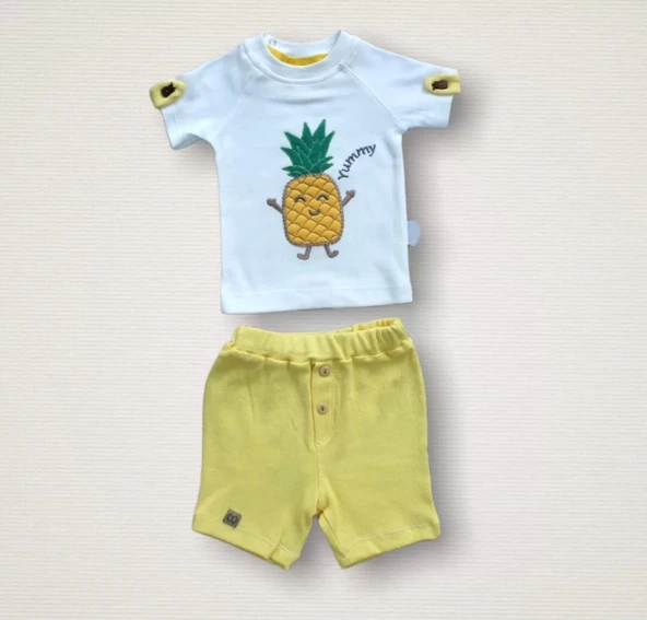 Ananas Nakışlı Kısa Kollu Sweatli Şortlu 2li Kız-erkek Bebek Takımı Sarı